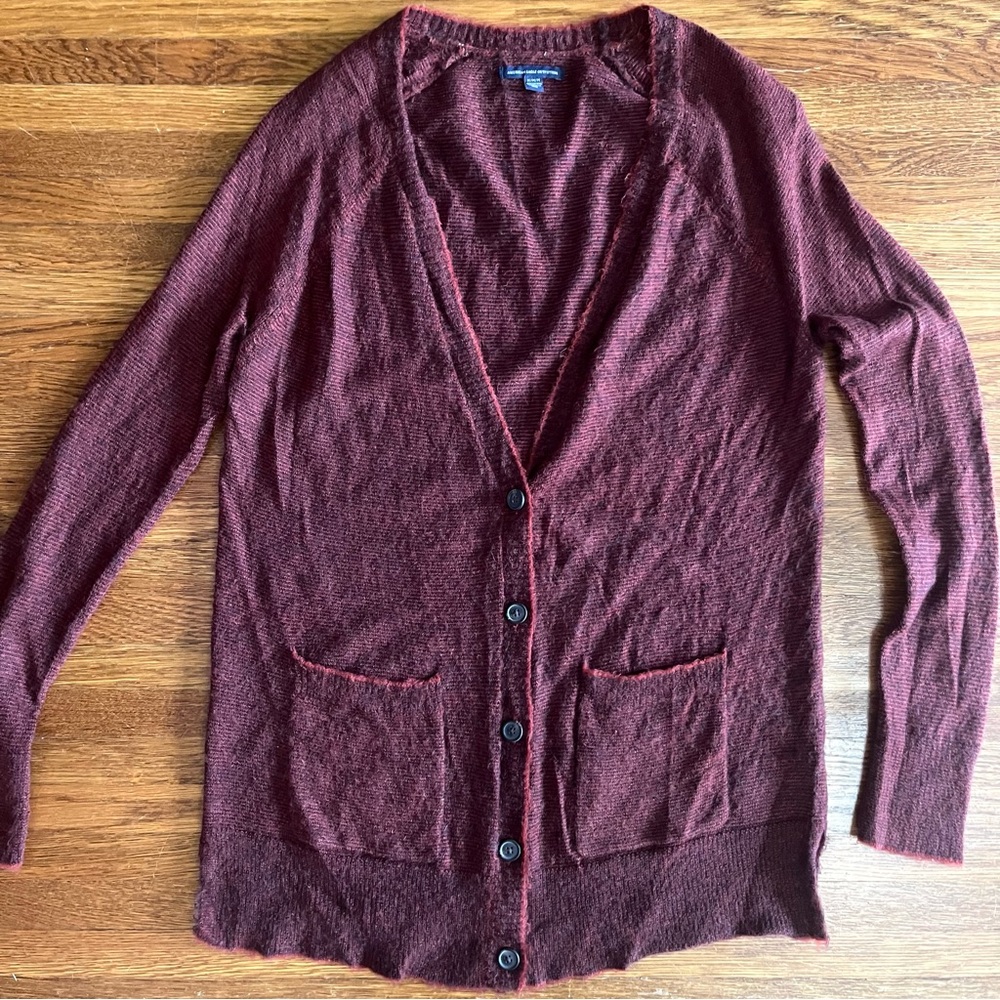 American Eagle AEO M sweater cardigan burgundy fuzzy academia preppy